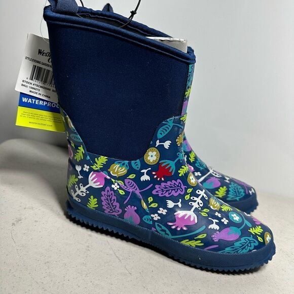 WESTERN CHIEF Rain Boots Evening Garden Flowers Navy Waterproof Pull On 6 - Picture 3 of 5